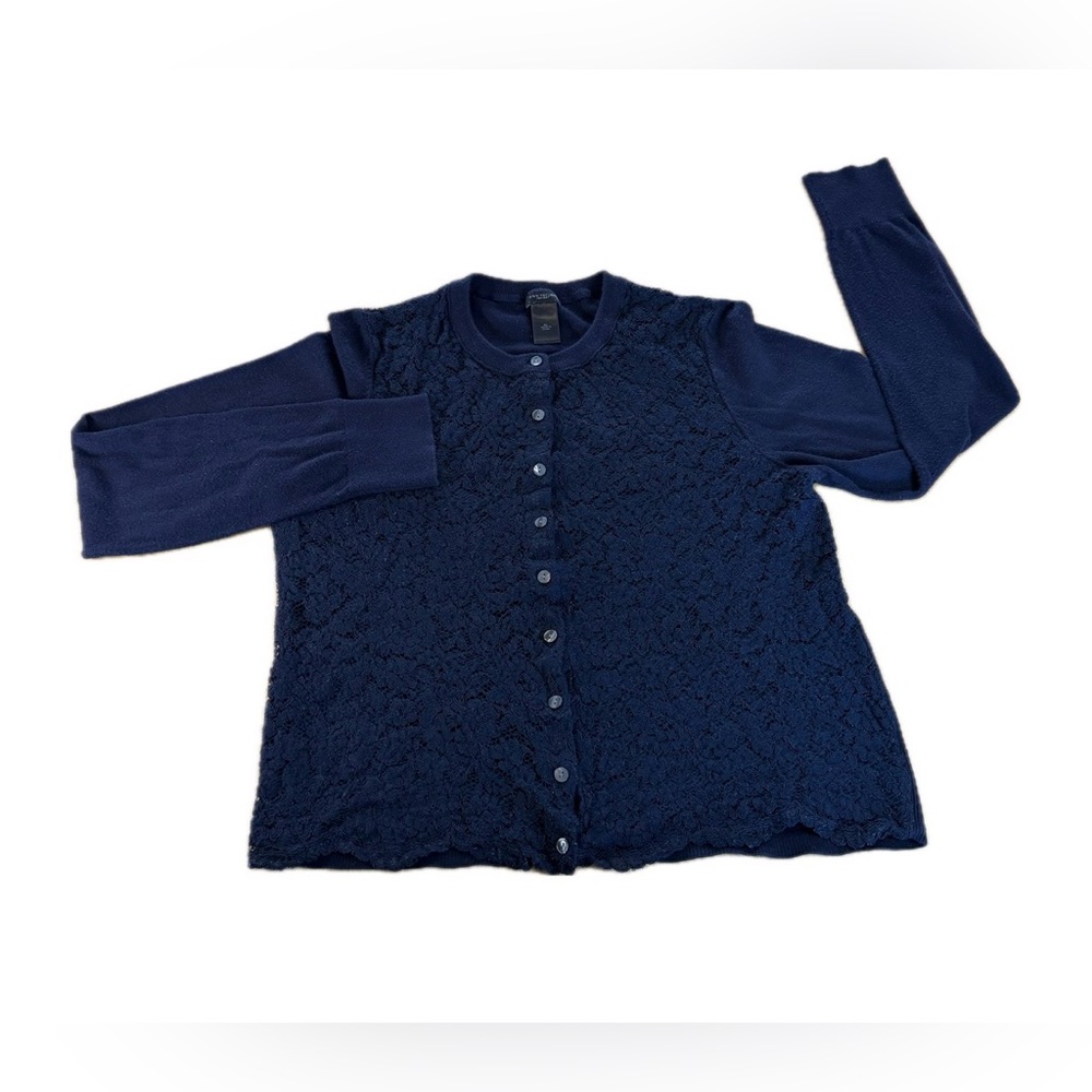 Ann Taylor Navy Blue Lace Front Cotton Blend Cardigan Sweater Top Women XL